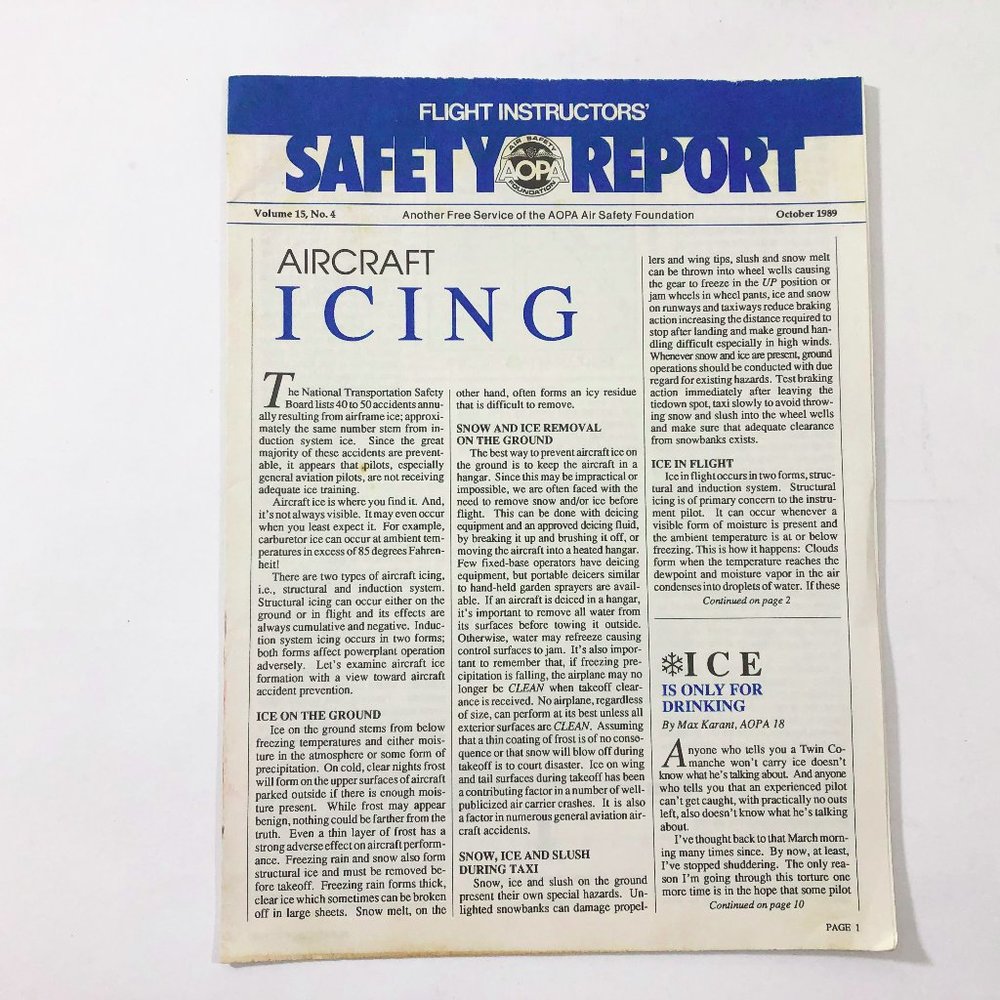 AOPA Air Safety Foundation Flight Instructors Safety Report OCT. 1989 Iceing